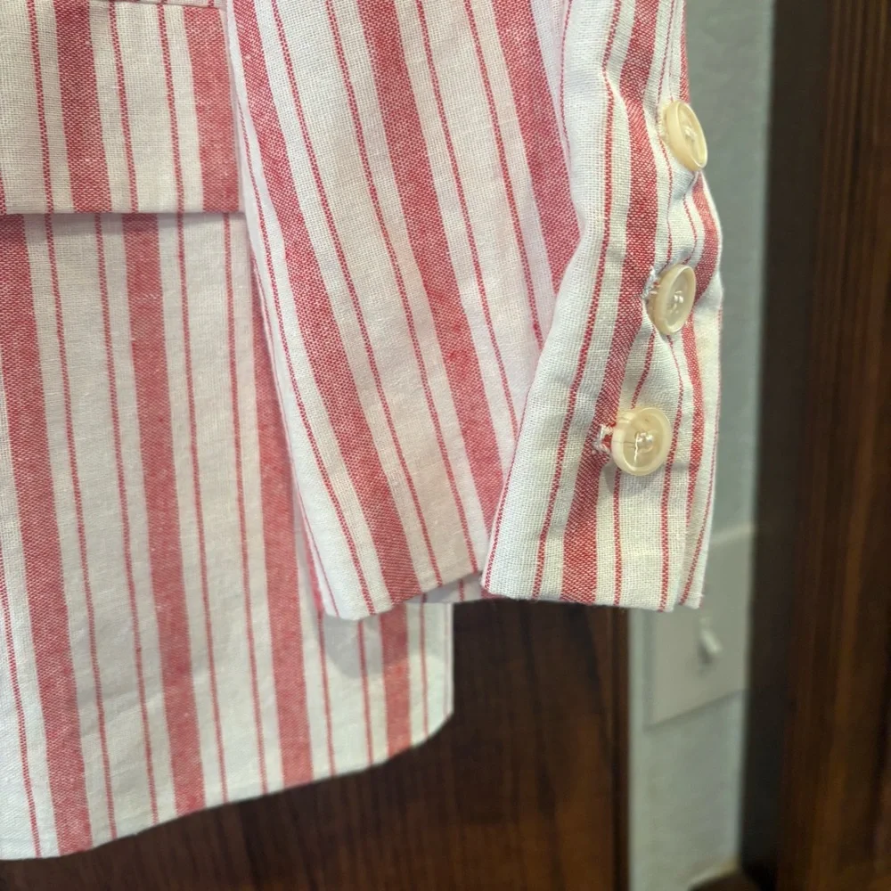 DO+BE $68 L Red & White Striped Double Breasted Linen Blend Blazer EUC